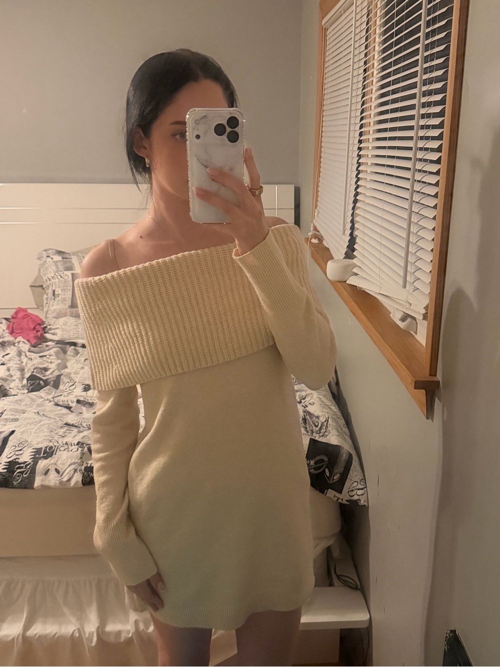 Express Cream Off-the-Shoulder Ribbed Neck Sweater Dress